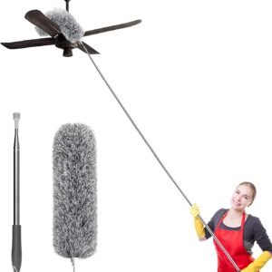 Hallstatt 2024 Upgraded Long Handle Microfiber Feather Ceiling Duster For Dust Cleaning Extendable Pole 30-100 Inch For Cleaning High Cobweb Stick High Ceiling Fan – Stainless Steel,Grey