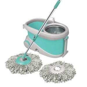 Spotzero by Milton Prime Stainless Steel Wringer Spin Mop with Big Wheel, Puller Handle, Bucket Floor Cleaning and Mopping System 360° Flexible,2 Microfiber Refills, Big Size, Aqua Green