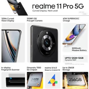 realme 11 Pro 5G (Astral Black, 12GB RAM, 256GB Storage) | 120 Hz Curved Display | 100MP Prolight Camera | 7050 5G Dimensity | 67W SUPERVOOC | 12GB Dynamic RAM | Premier Vegan Leather Finish Design