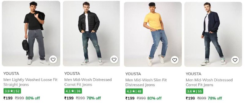 AJIO LOOT: Men’s Jeans Starts at Rs.199
Branded Suggestions:

    Lee Cooper: Link
    Jack & Jones: Link
    John Players: Link
    DNMX: Link
    Buda Jeans Co: Link
    Snitch: Link
    GAP: Link
    Spykar: Link
    Allen Cooper: Link
    U.S. Polo Assn.: Link
    Pepe Jeans: Link

Master Link:
https://bitl.ee/U1qYkb